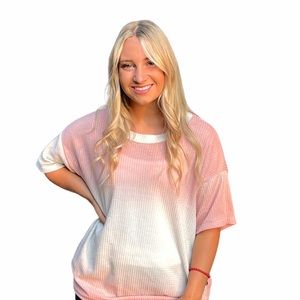 Impressions Waffle Knit Weave Short Sleeve Shirt Pink White Small